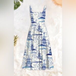 Averie Himari Pleated Dress Square Neck Pagoda Toile Tailored Twee Preppy